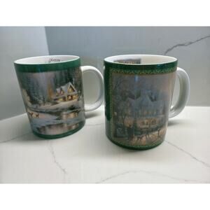 Pair Ceramic Thomas Kinkade AMCAL Mugs Nostalgic Winter Scenes Painter of Light